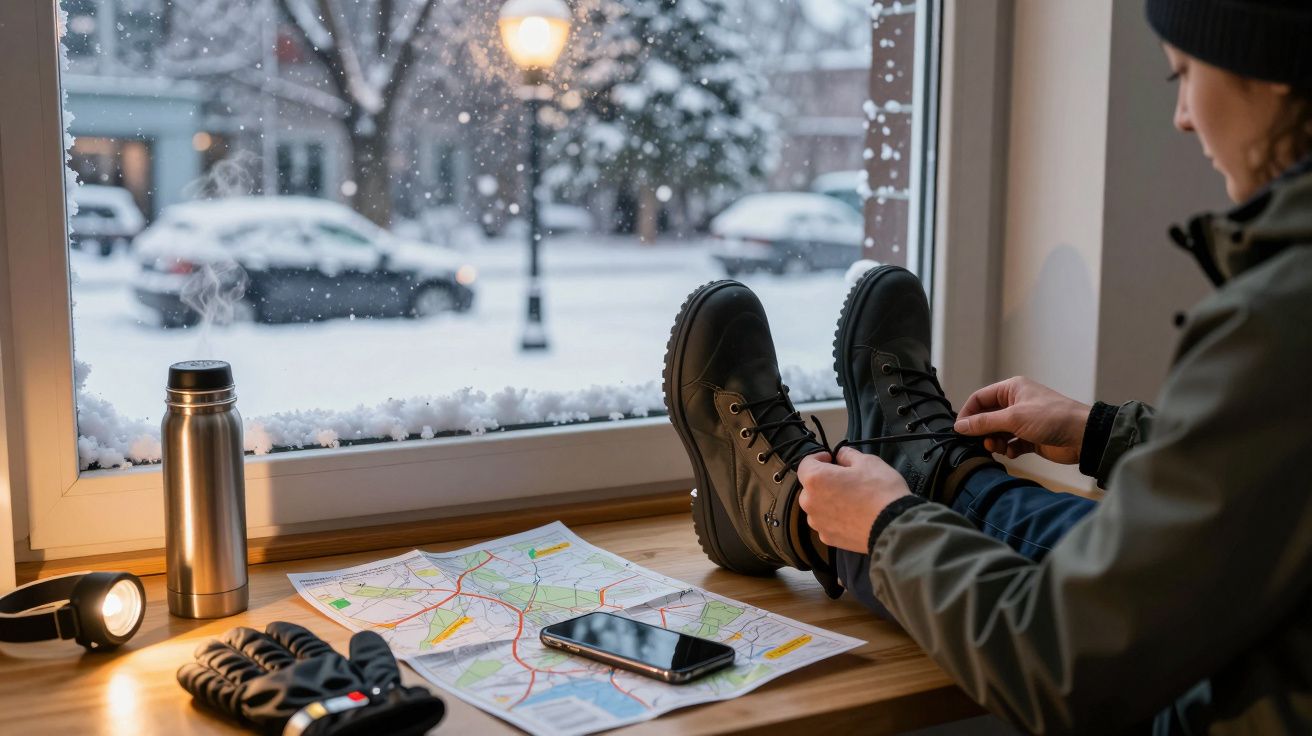 Pessoa calça botas perto de uma janela com neve; mapa, luvas, lanterna, garrafa térmica e telemóvel na mesa.