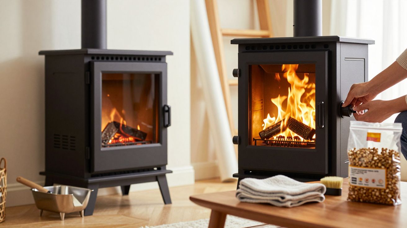 Duas lareiras a lenha acesas numa sala aconchegante, com uma mão ajustando a porta e sacos de pellets ao lado.