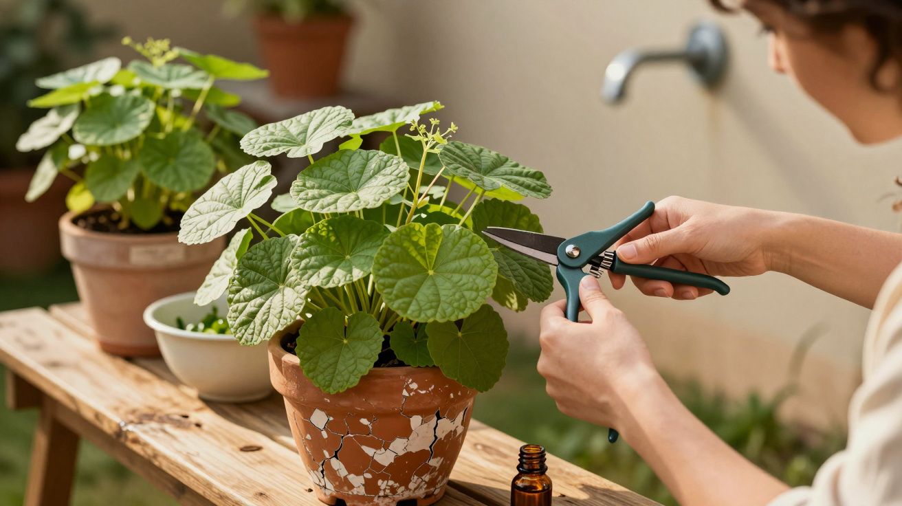 Pessoa a podar planta num vaso de terracota com uma tesoura de jardinagem sobre uma mesa de madeira.
