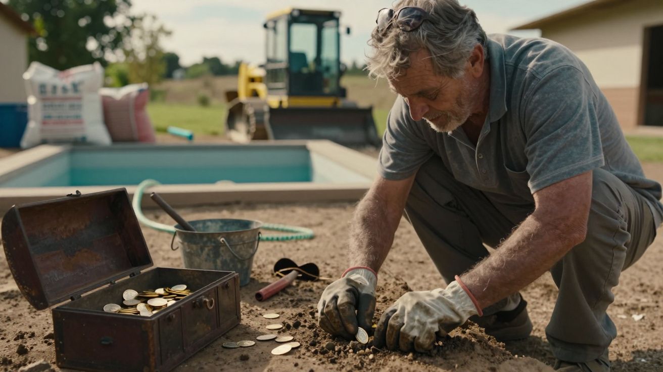 Homem de luvas desenterra moedas perto de baú aberto em jardim, com piscina e escavadora ao fundo.