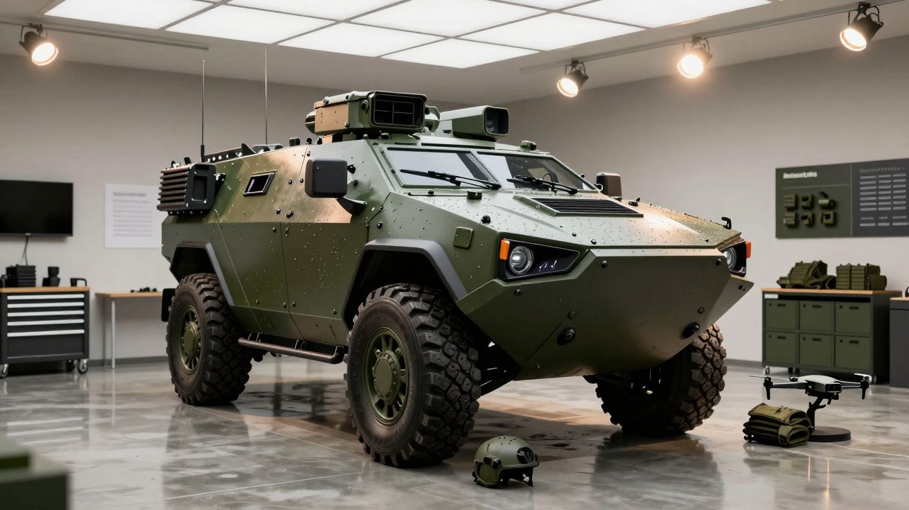 Veículo militar blindado verde estacionado numa garagem com luzes brilhantes no teto e equipamento militar ao redor.