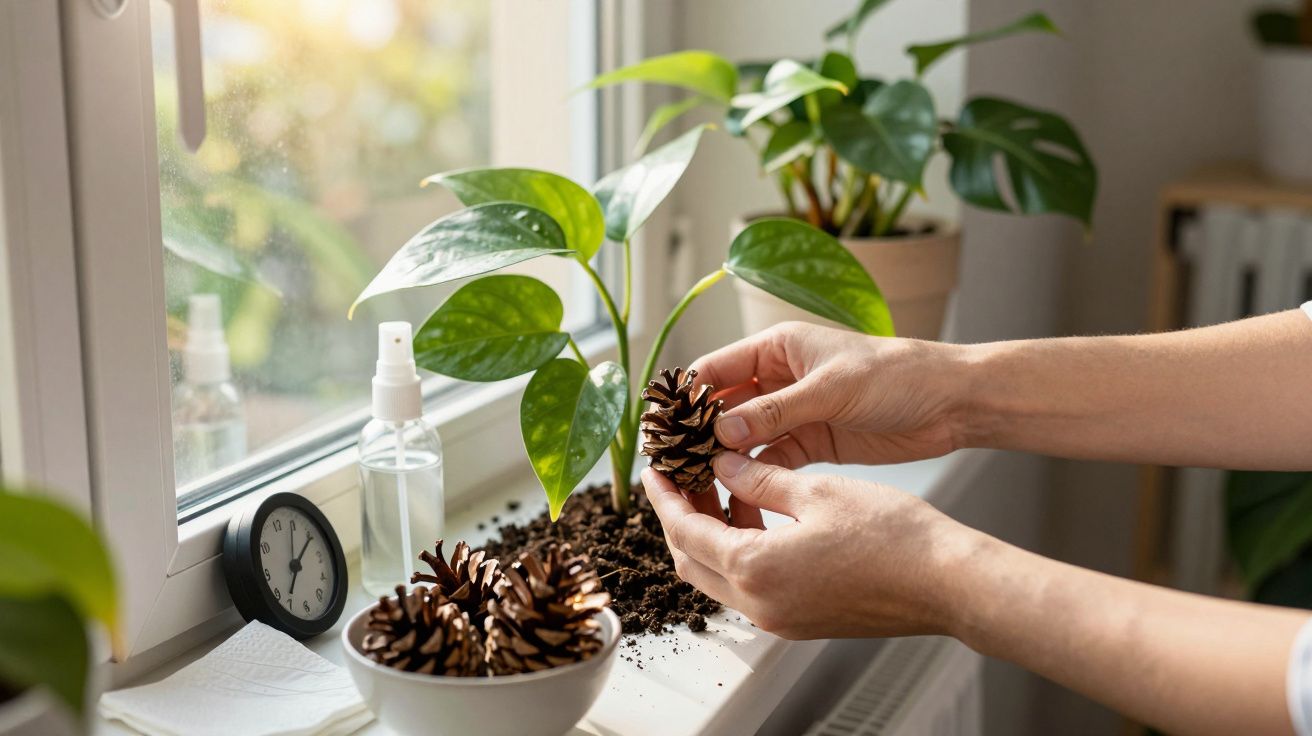 Pessoa manuseia pinhas numa janela com plantas e um relógio.