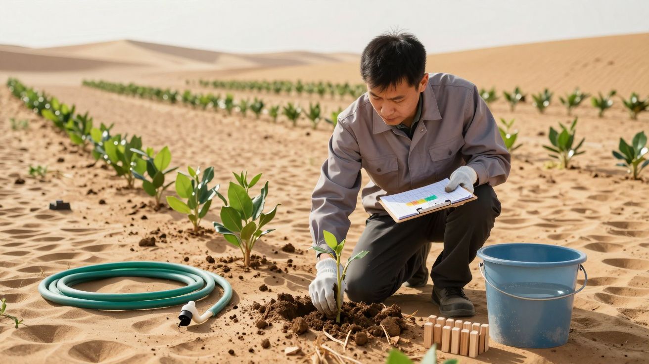 Homem cuidando de uma planta jovem no deserto, com balde, mangueira e registo numa prancheta ao lado.
