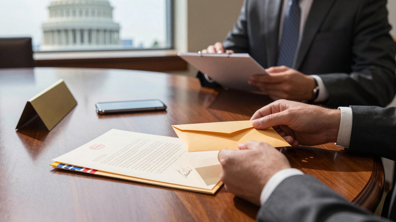 Homens em trajes formais em reunião, com documentos e envelope sobre a mesa, Capitólio ao fundo pela janela.