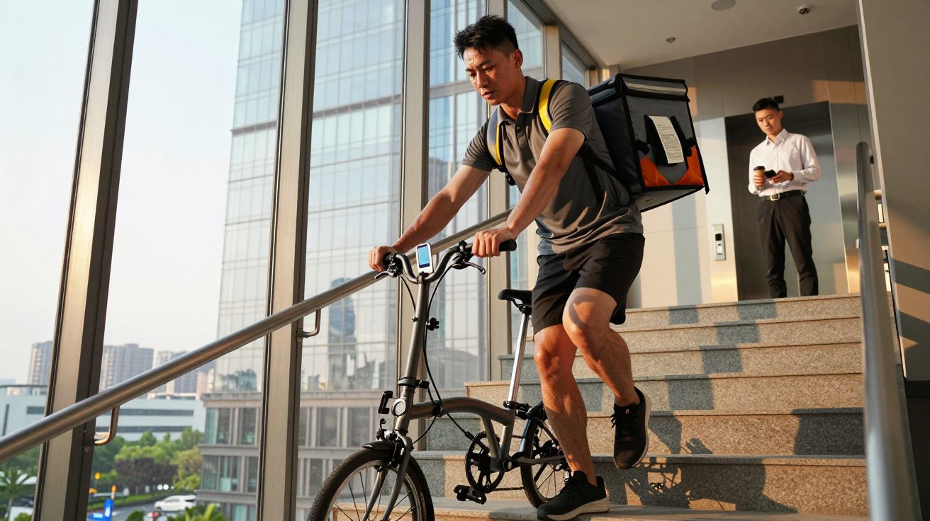Homem desce escadas com bicicleta dobrável e mochila de entregas; ao fundo, outro homem usa telemóvel.