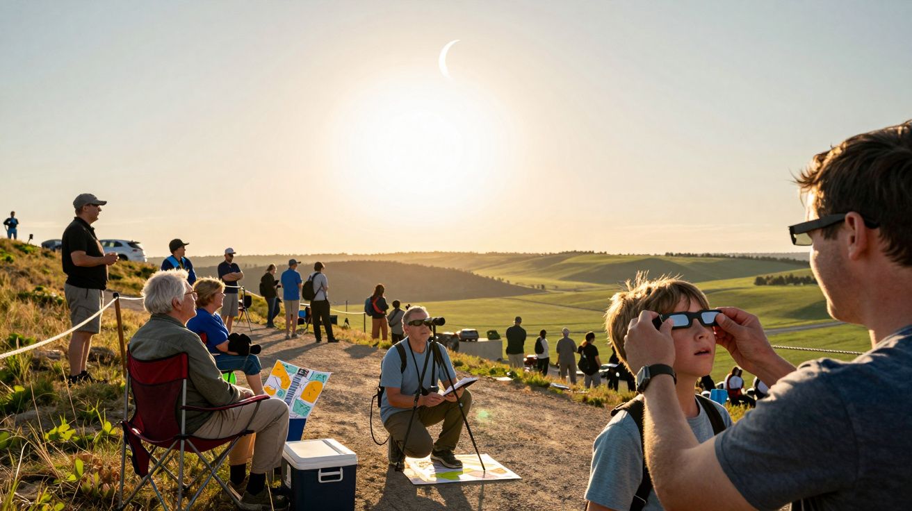Pessoas assistindo a um eclipse solar em campo aberto, usando óculos de proteção, sob um céu claro.