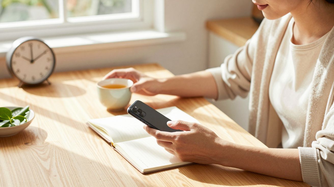 Pessoa segurando um telemóvel enquanto bebe chá, com um caderno aberto sobre a mesa iluminada pela luz da janela.