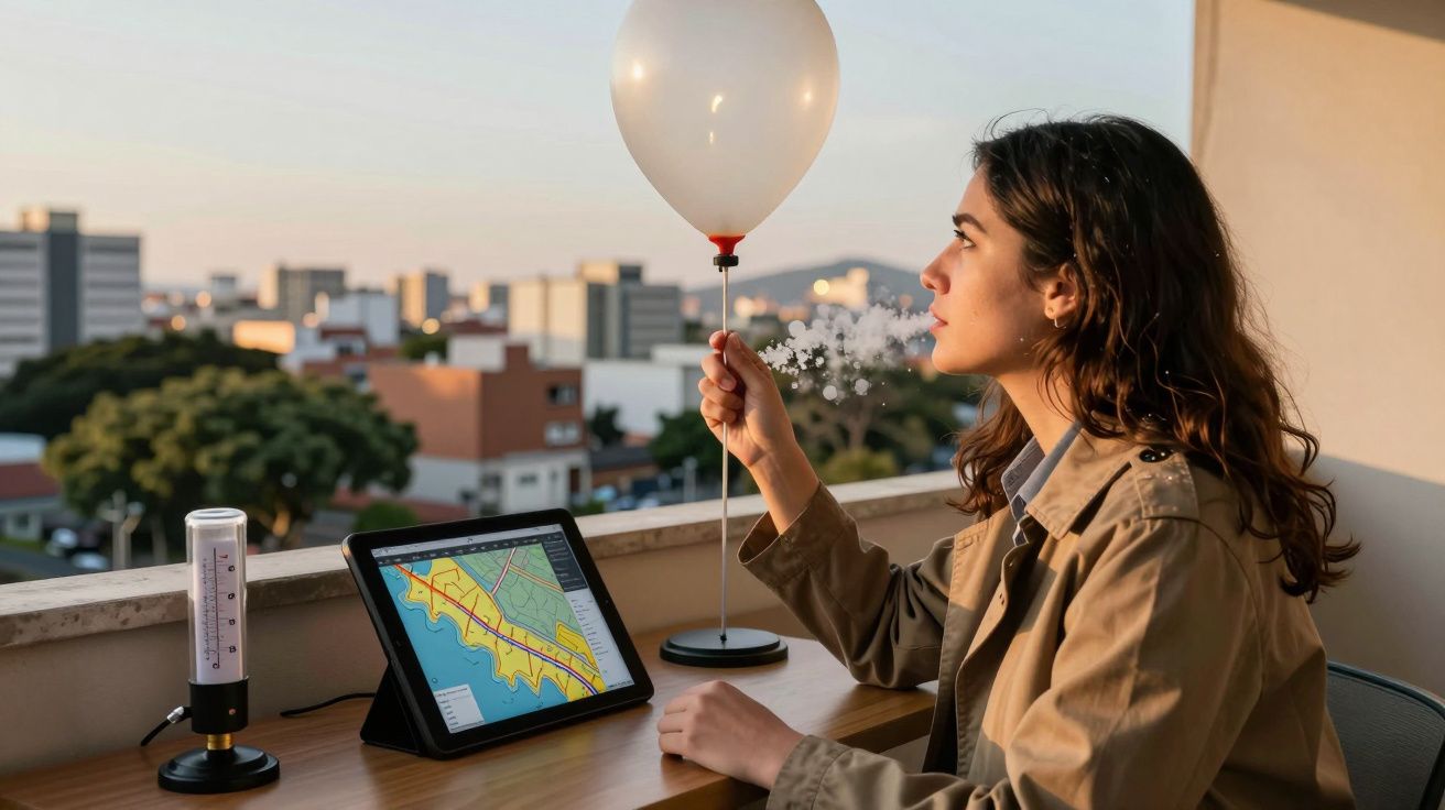 Mulher numa varanda segura um balão, com um tablet mostrando gráficos ao lado, em ambiente urbano ao entardecer.
