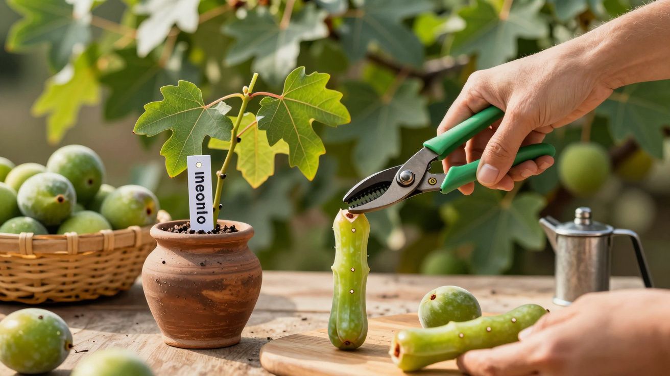 Mãos cortam figo com uma tesoura ao lado de vaso de argila e figos em cesto, fundo de folhas verdes.
