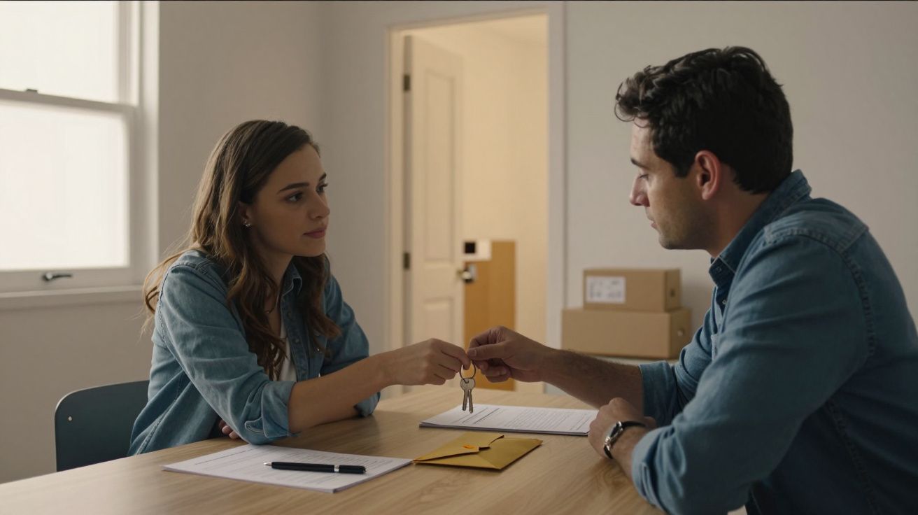 Homem e mulher sentados à mesa, trocando chaves de casa, com caixas de mudança ao fundo.