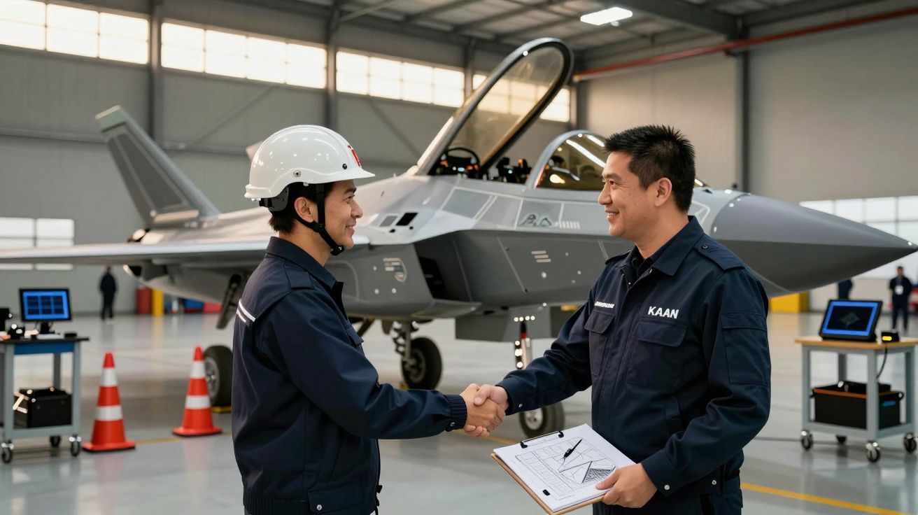 Dois engenheiros apertam as mãos em frente a um caça a jato num hangar.