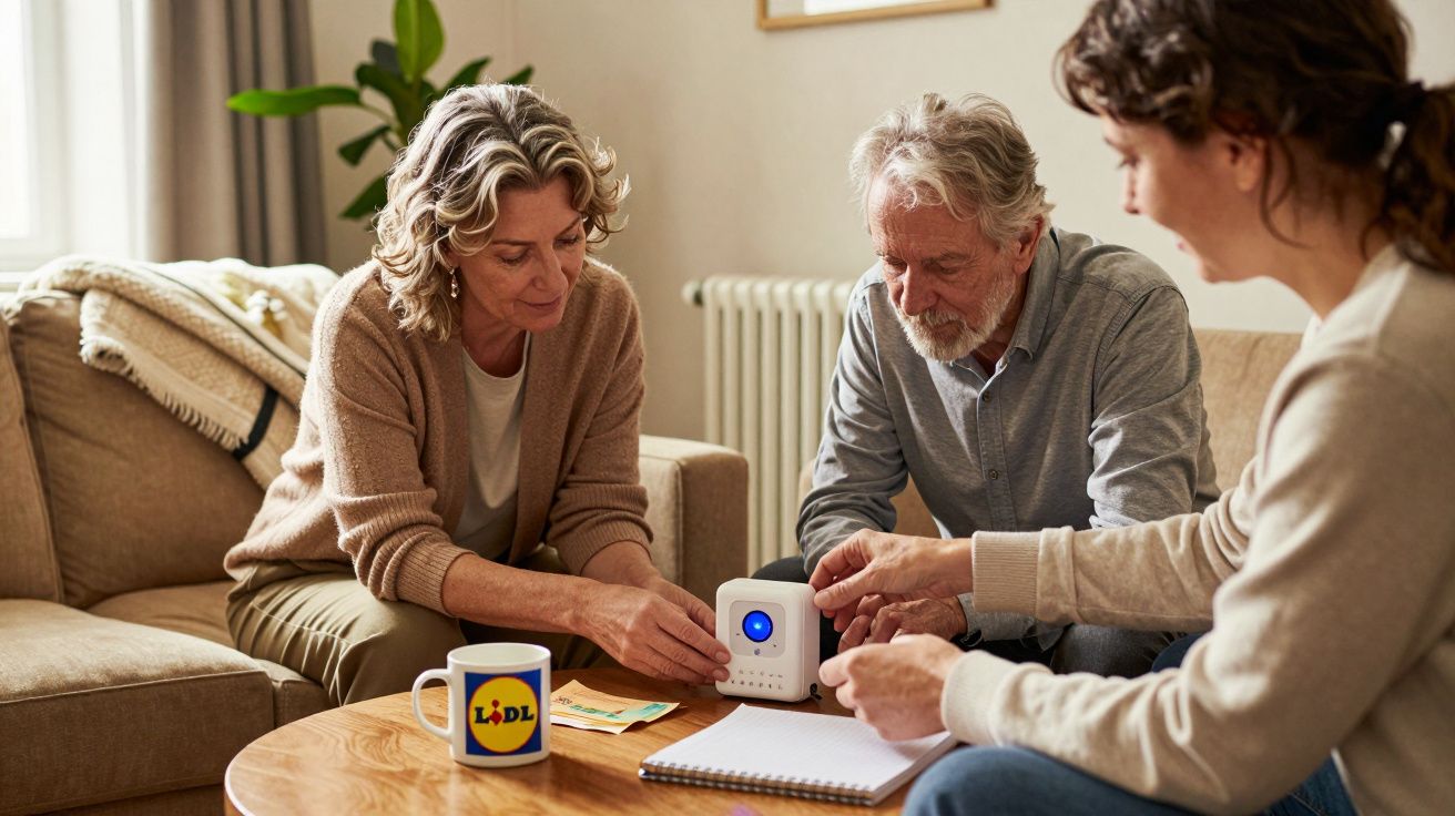 Três pessoas sentadas na sala a mexer num dispositivo eletrônico. Caneca do Lidl sobre a mesa de madeira.
