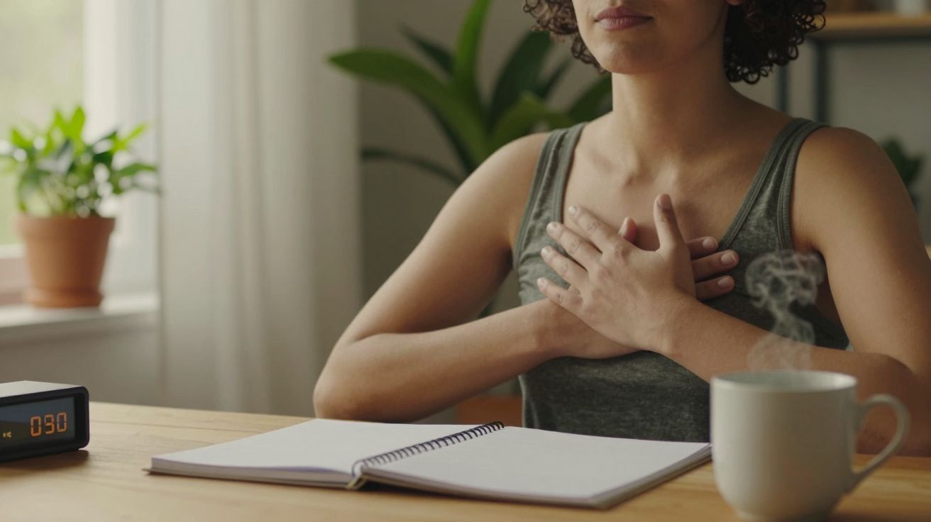 Mulher meditando à mesa com chá e caderno, mãos no peito, plantas ao fundo.