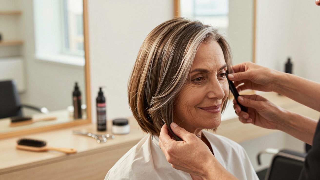 Mulher sorrindo enquanto cabeleireiro ajusta cabelo num salão, com produtos em fundo.