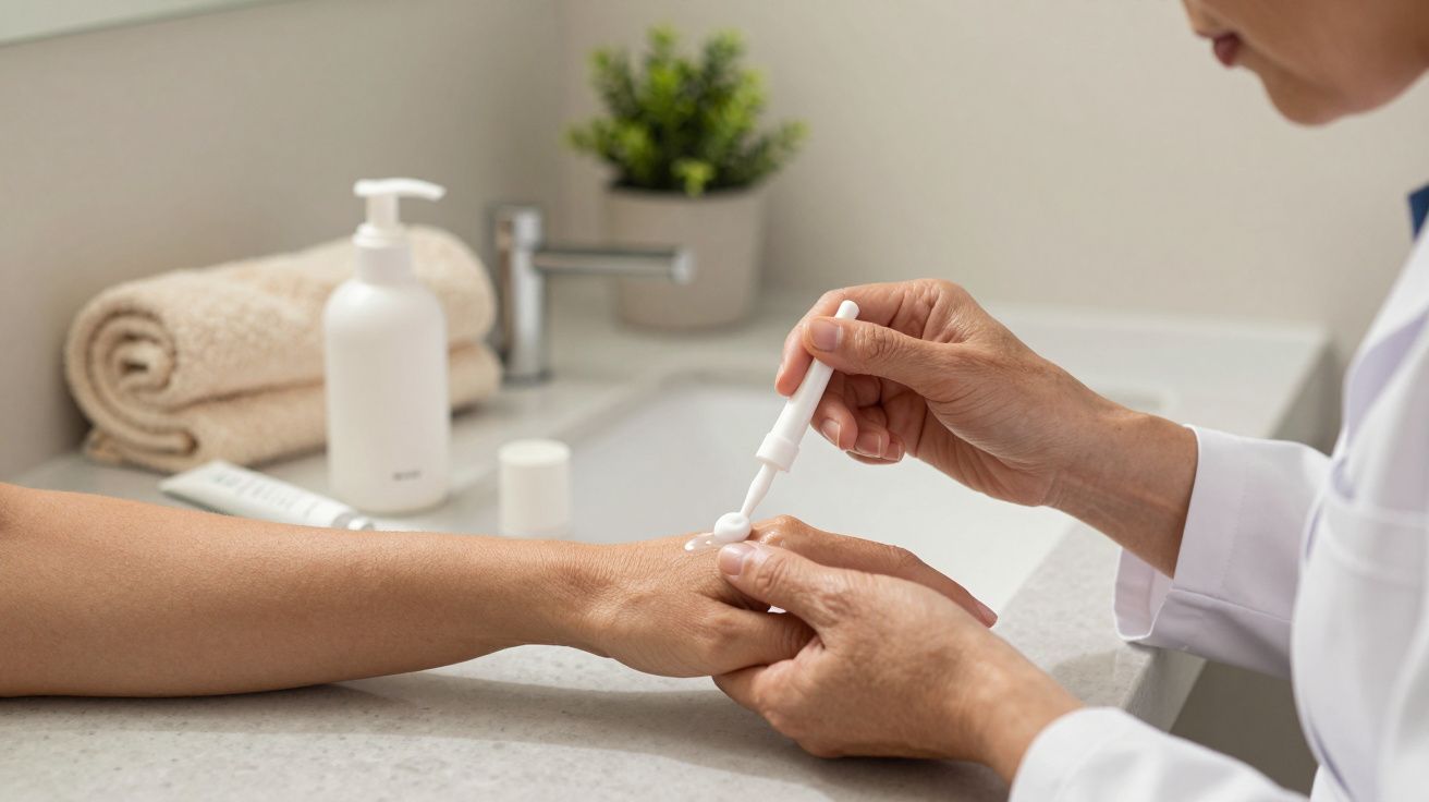 Pessoa aplica creme na mão de outra, com lavatório ao fundo, toalhas em rolo e dispensador de sabão.