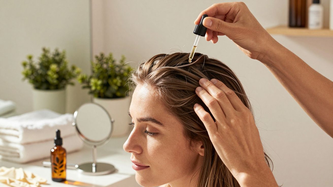 Pessoa aplica sérum no couro cabeludo de uma mulher em ambiente de spa, com plantas ao fundo.