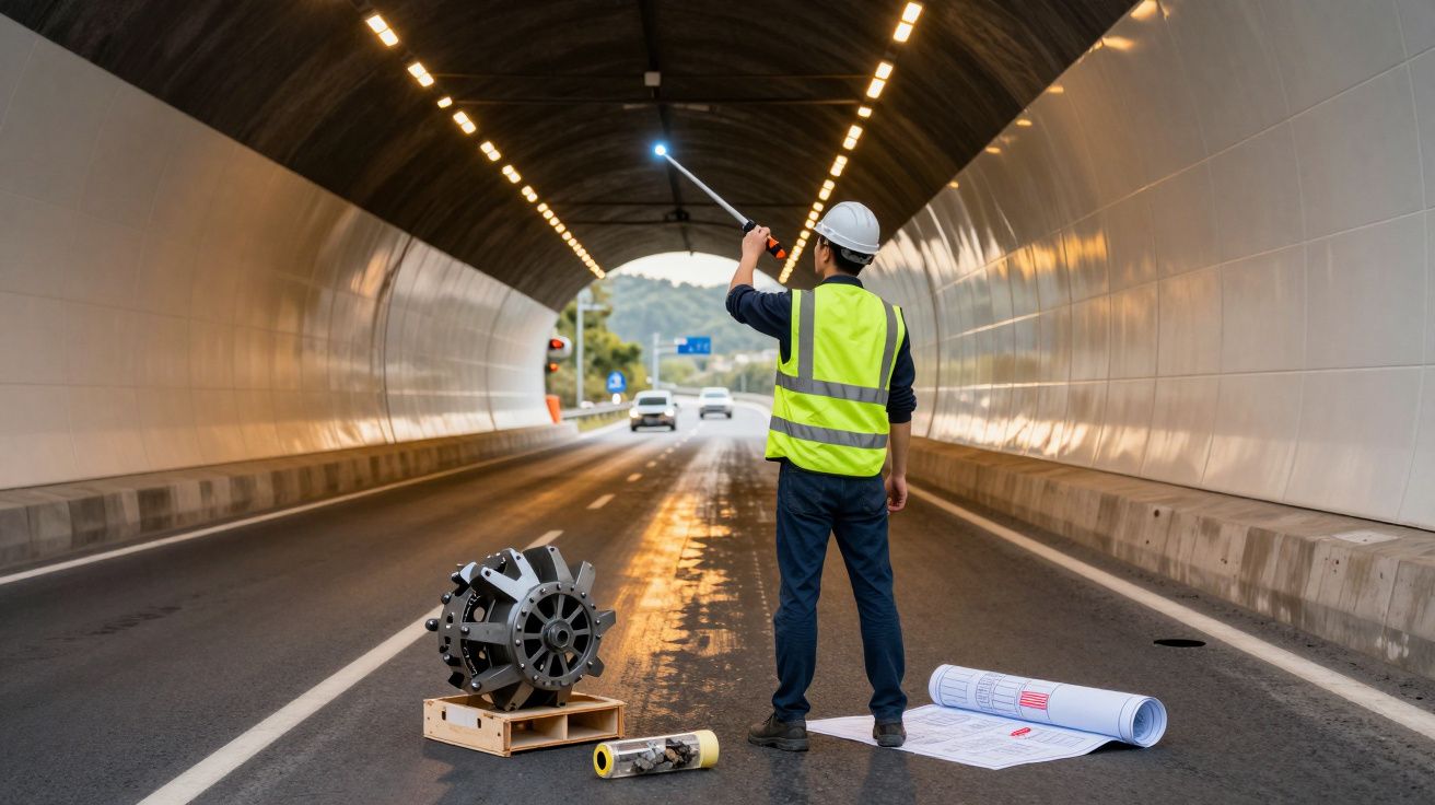 Engenheiro inspeciona túnel, segurando lanterna, perto de equipamento e plantas espalhadas no chão.