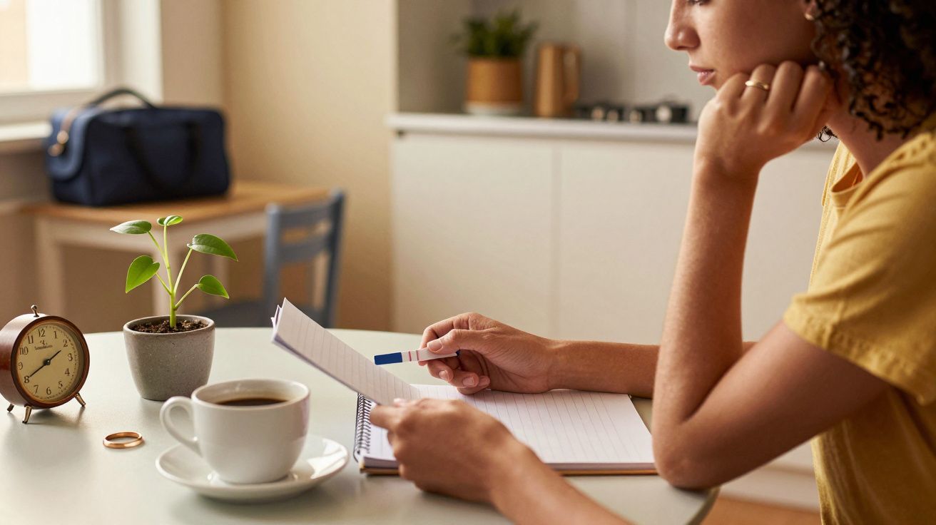 Mulher sentada à mesa, segurando um teste de gravidez, com chávena de café, despertador e planta ao lado.
