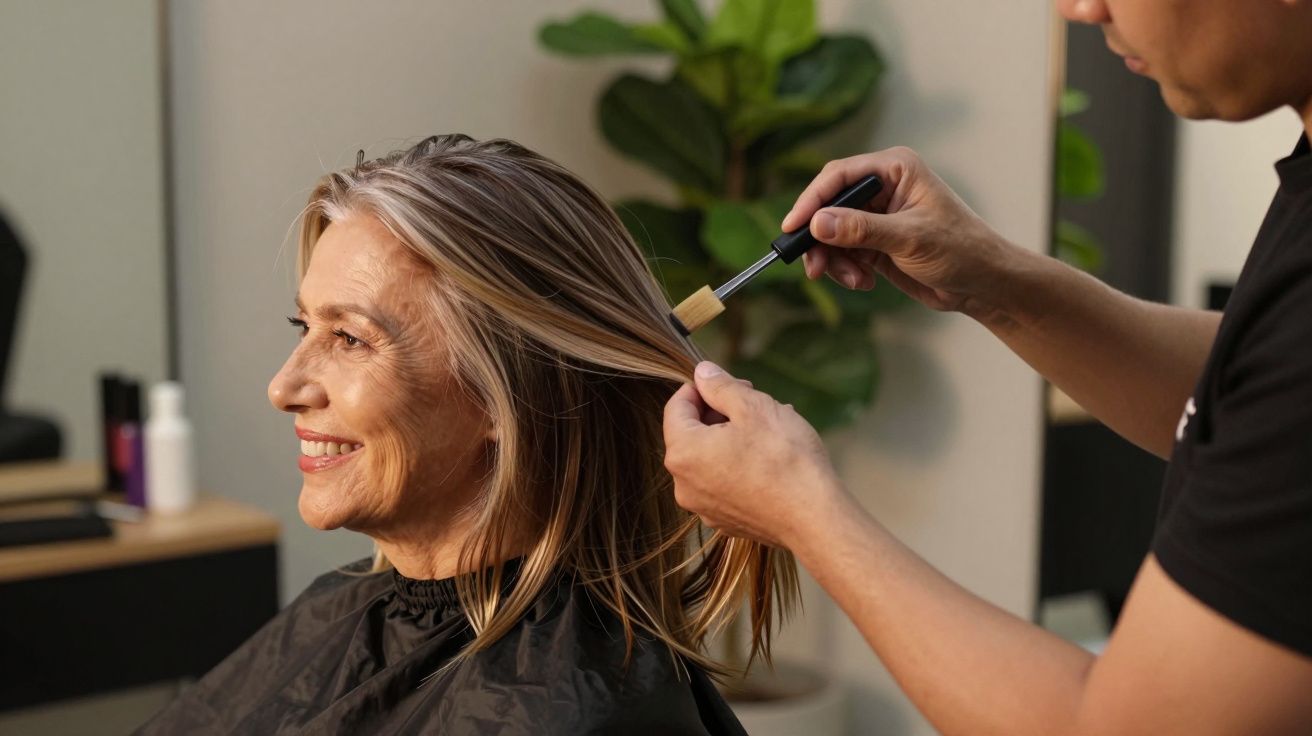 Mulher sorridente num salão de cabeleireiro, recebe tratamento capilar com pincel, planta verde ao fundo.