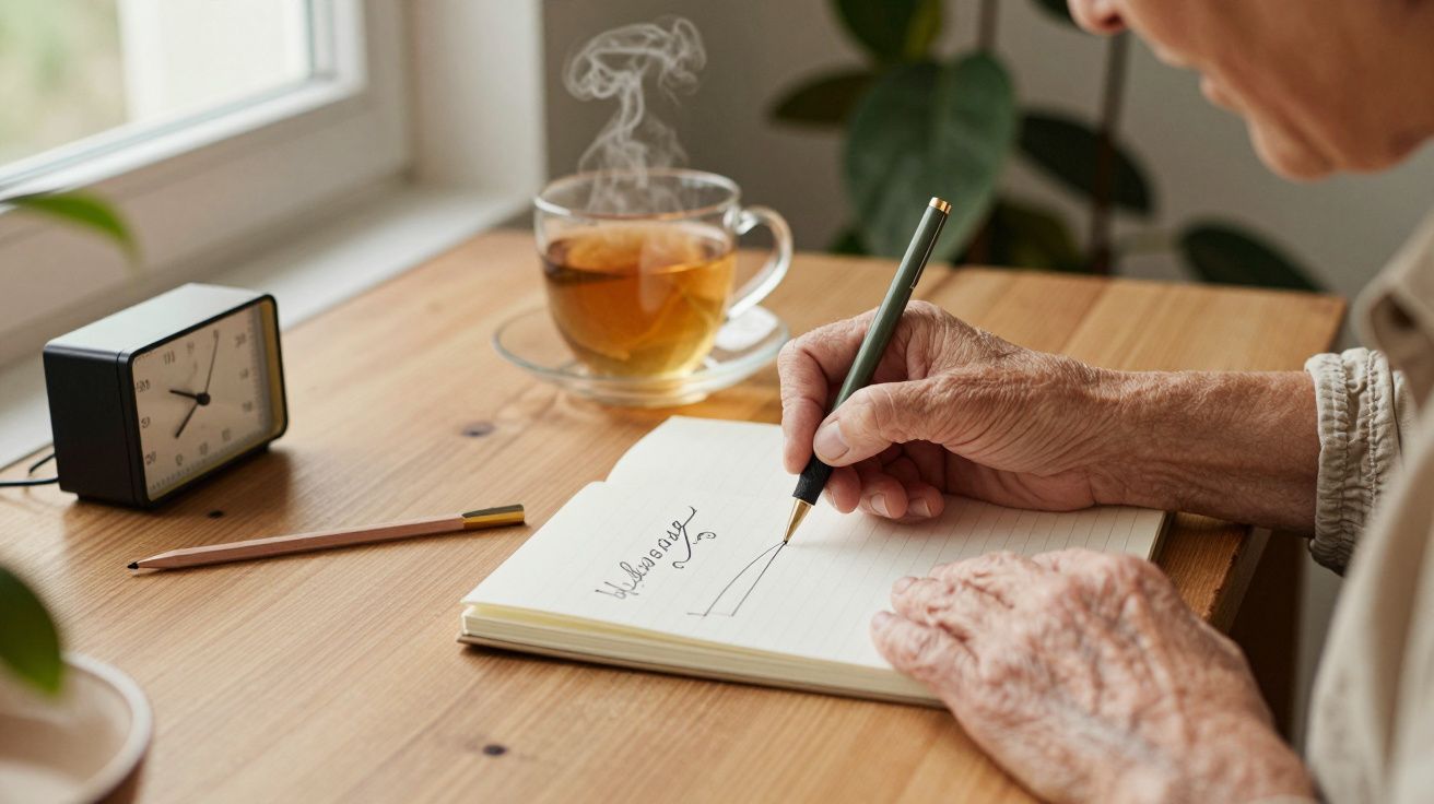 Idoso a escrever num caderno em cima de uma mesa de madeira, com chá e relógio ao lado.