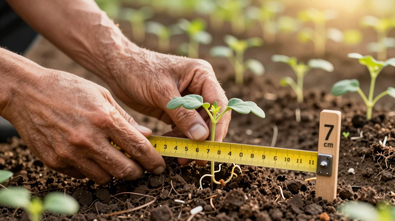 Mãos medem a altura de uma planta jovem com fita métrica no solo fértil, sob luz solar suave.