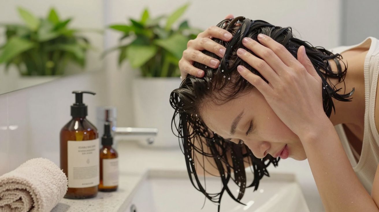 Mulher lavando o cabelo ao lado de um lavatório com toalha e frascos de produtos de higiene, plantas ao fundo.