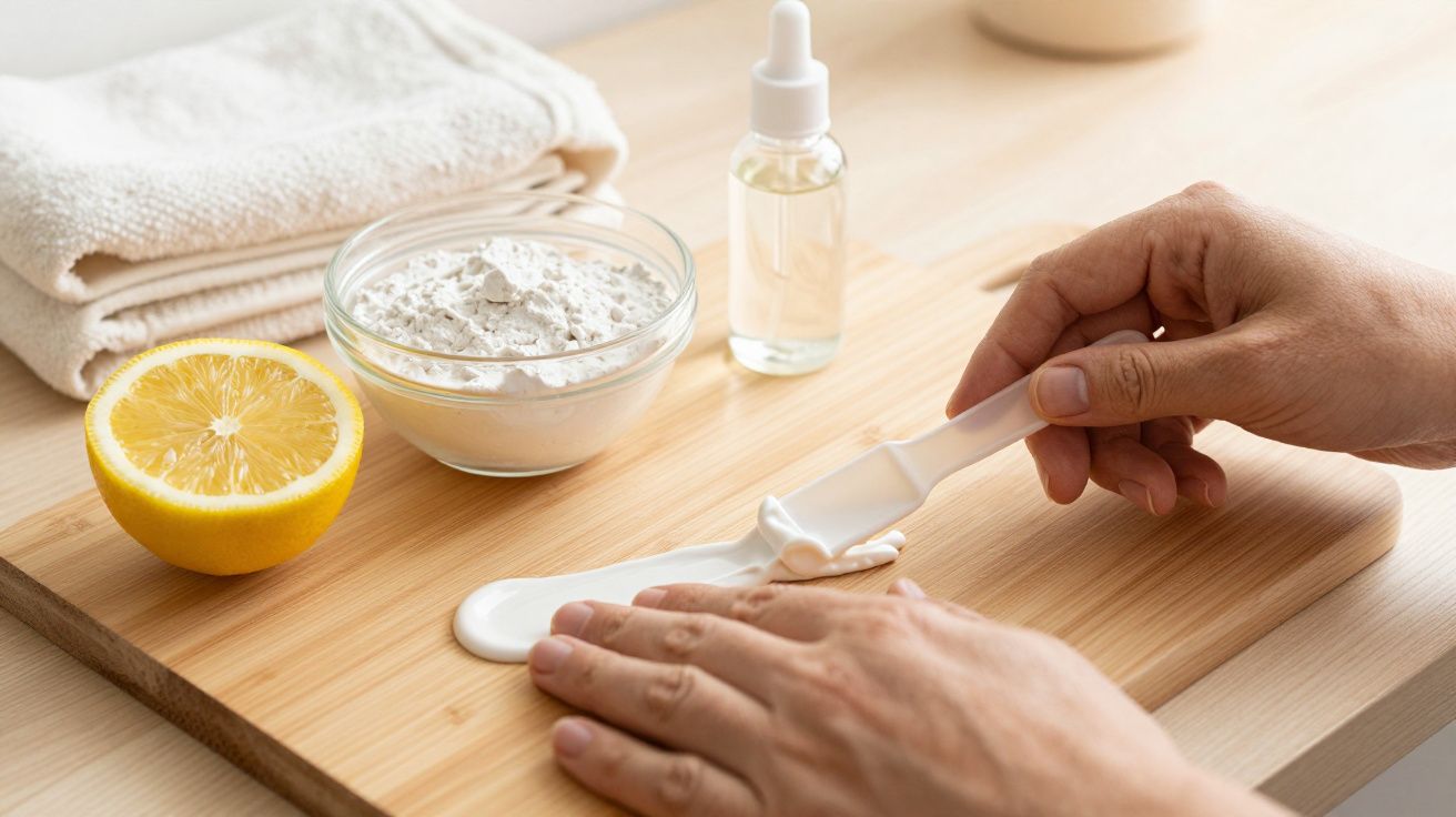 Mãos aplicam creme branco numa superfície de madeira, rodeadas de limão, tigela com pó branco e frasco de vidro.