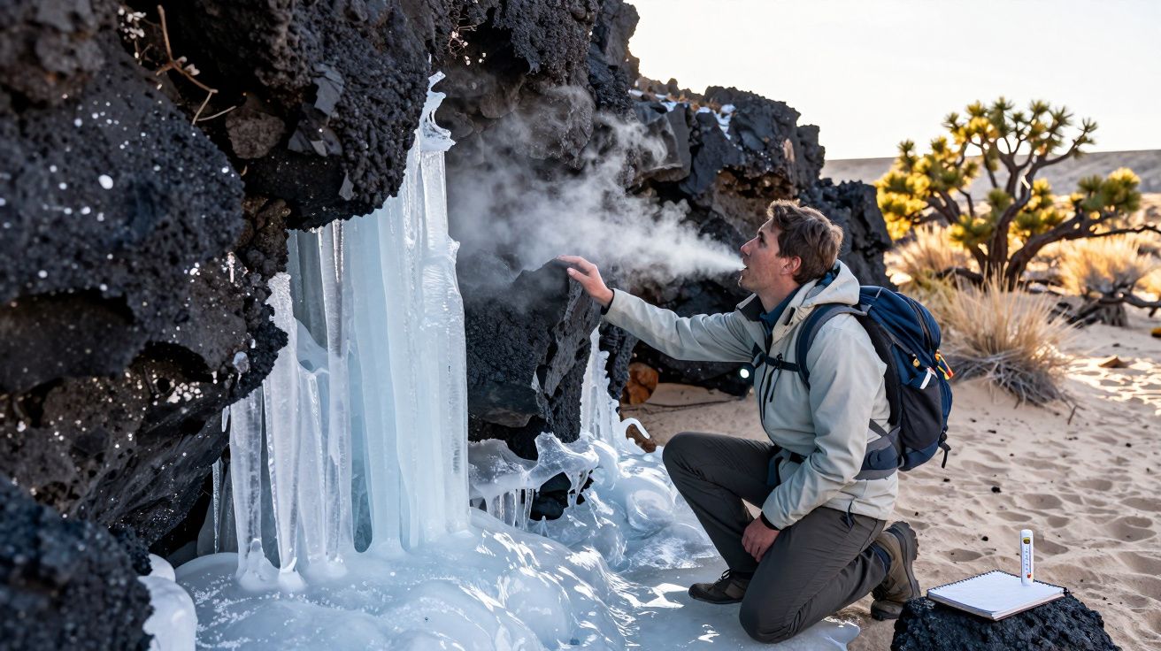Homem com mochila ajoelhado, examinando gelo e vapor saindo de rocha vulcânica, em cenário desértico com plantas raras.