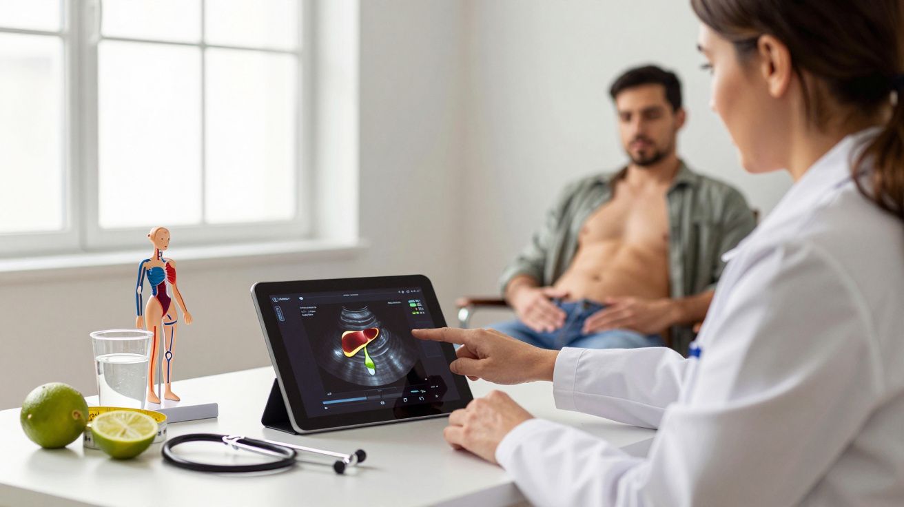 Médico analisa imagem de fígado num tablet, paciente sentado ao fundo em consulta.