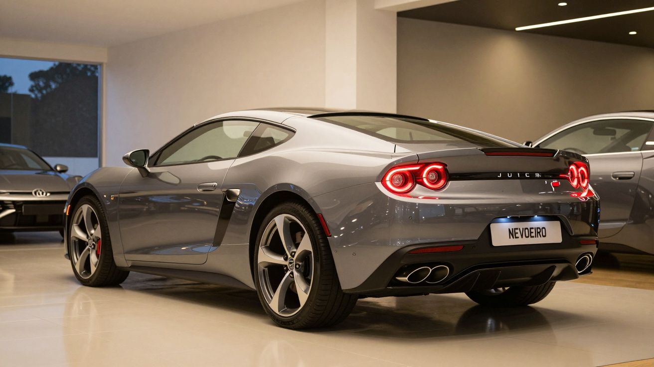 Carro desportivo cinzento em exposição num showroom, com destaque para as luzes traseiras e jantes elegantes.