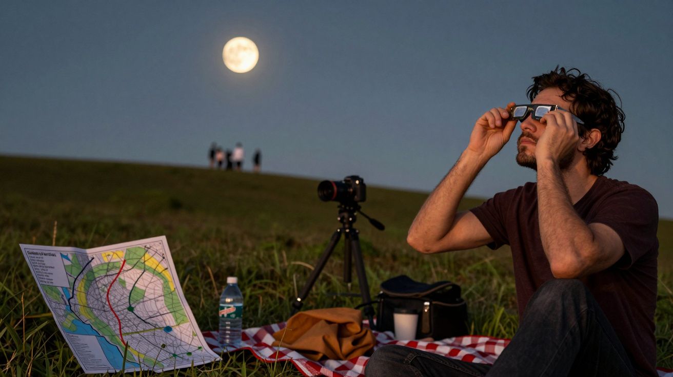 Homem observa a lua cheia através de binóculos em campo, rodeado por mapa, garrafa de água e máquina fotográfica.