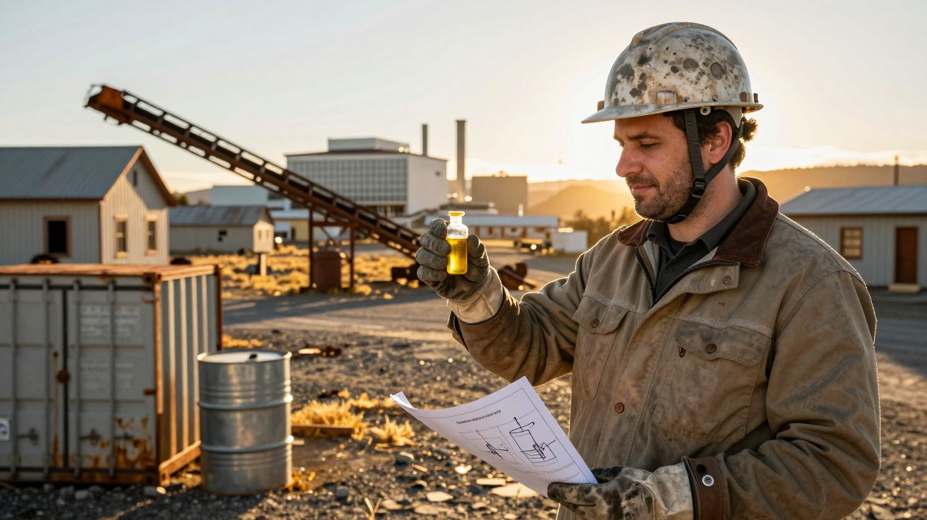 Trabalhador de capacete observa amostra de líquido e segura um plano em terreno industrial ensolarado.