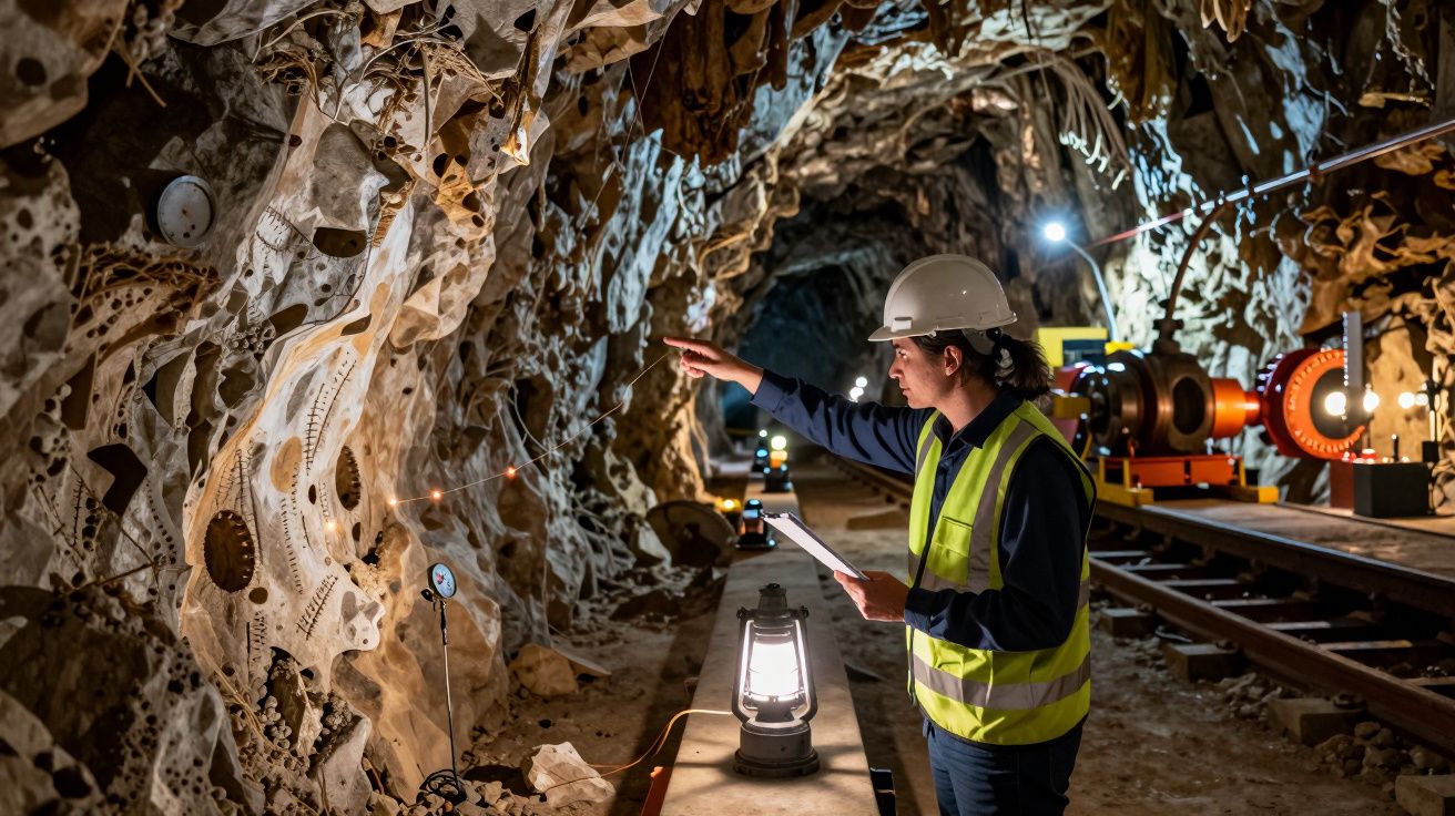Trabalhador com colete e capacete num túnel subterrâneo iluminado, inspecionando paredes rochosas e tomando notas.