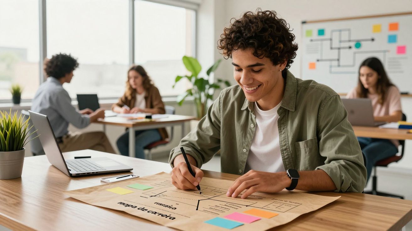 Jovem a trabalhar num mapa de carreira com computador portátil. Pessoas colaboram ao fundo numa sala moderna.