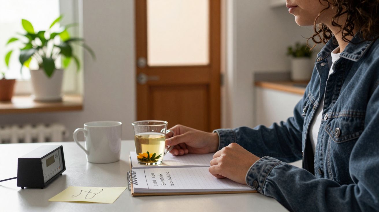 Mulher segurando chá, sentada à mesa com caderno, caneca e relógio digital num ambiente iluminado.