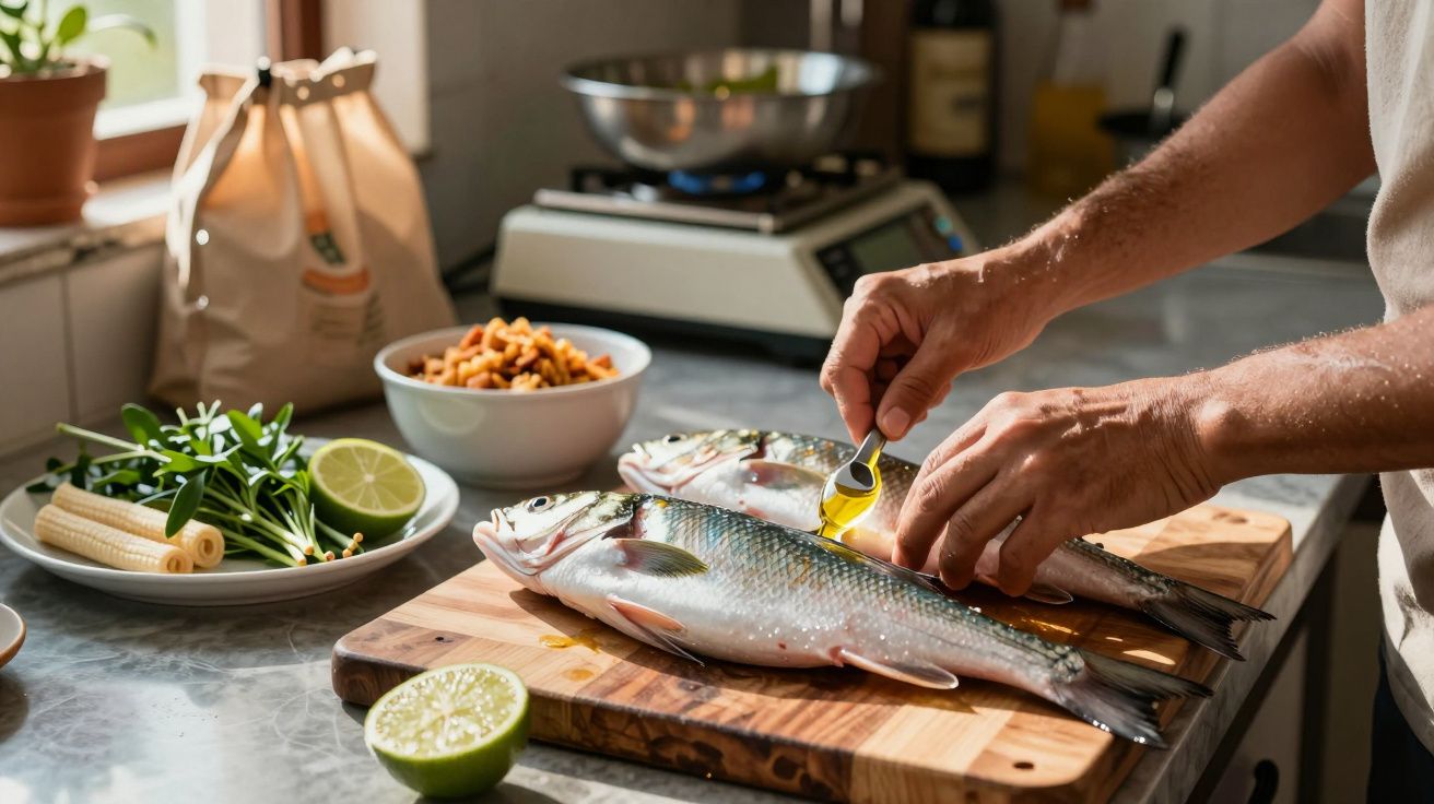 Pessoa prepara dois peixes frescos numa tábua de madeira, com limão e legumes ao lado, numa cozinha iluminada pelo sol.