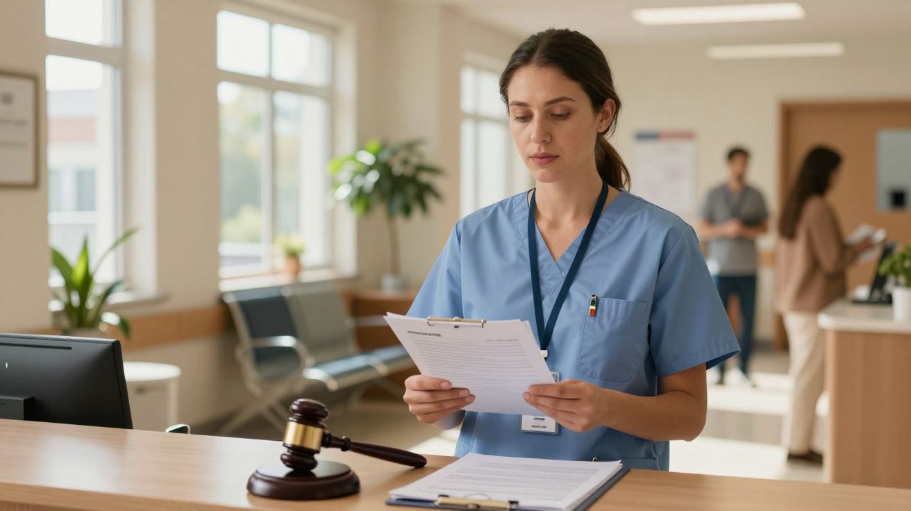 Funcionária de saúde de uniforme azul lê documentos numa receção, com um martelo de juiz em destaque sobre a secretária.