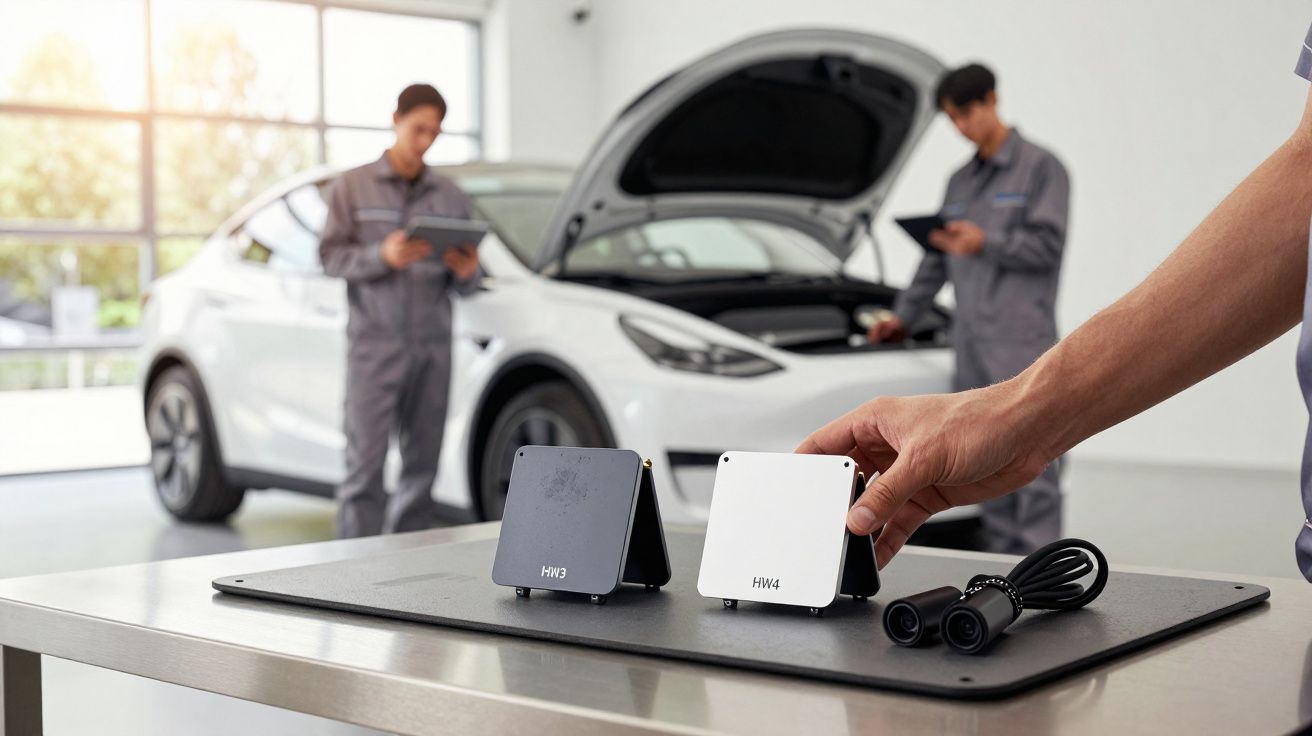 Mecânicos inspecionam veículo elétrico com capô aberto, peças eletrónicas e cabos em foco no primeiro plano.