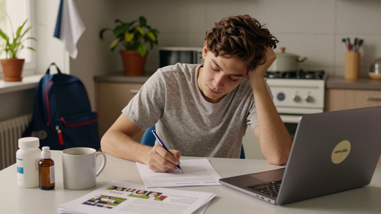 Jovem sentado à mesa, escrevendo em papéis, com portátil aberto e chávena, numa cozinha.