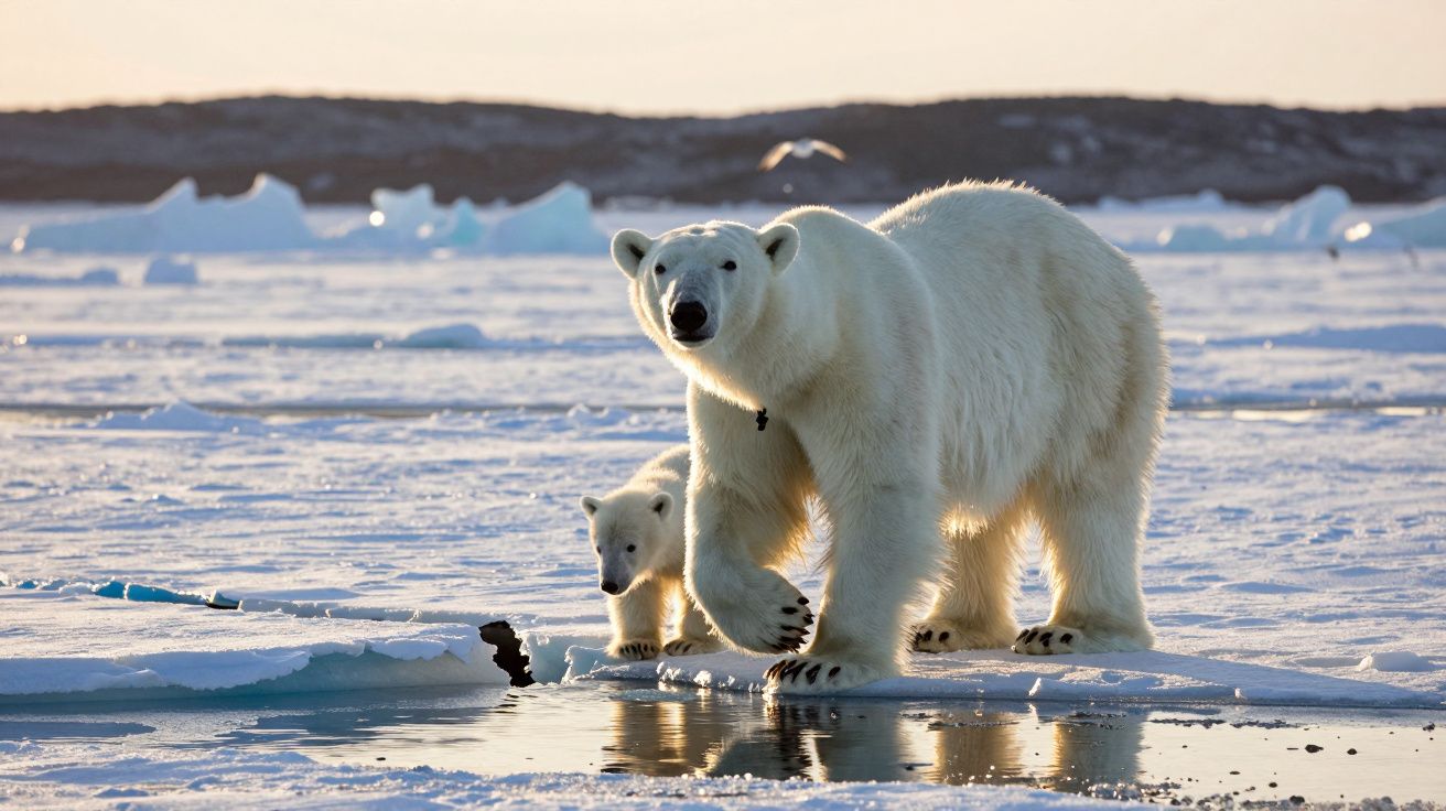 Ursa polar com cria num campo de gelo, refletidos na água sob luz suave.