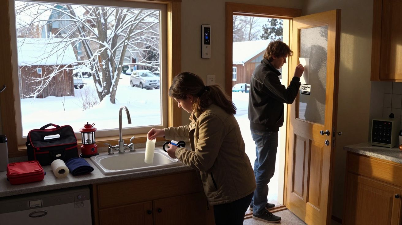 Pessoa prepara suprimentos na cozinha enquanto outra observa a neve pela porta, com luz do sol iluminando o interior.