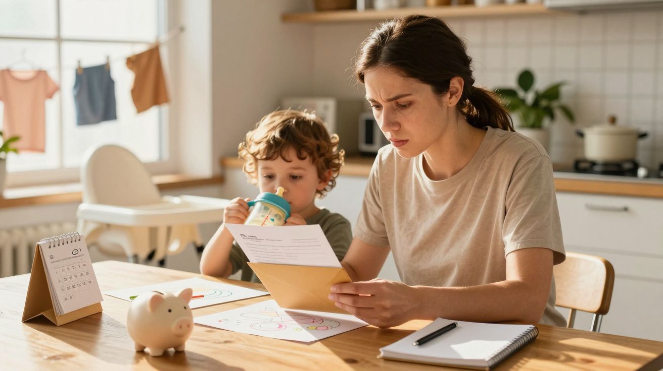 Mulher lê carta enquanto criança bebe no copo num ambiente doméstico iluminado por luz natural.
