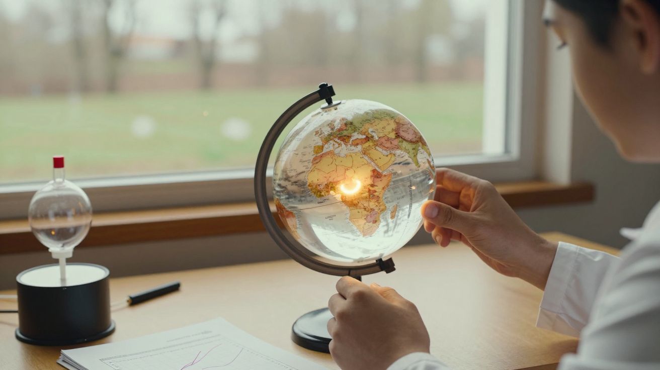 Pessoa segura um globo terrestre iluminado perto de uma janela, com documentos e um instrumento de medição sobre a mesa.
