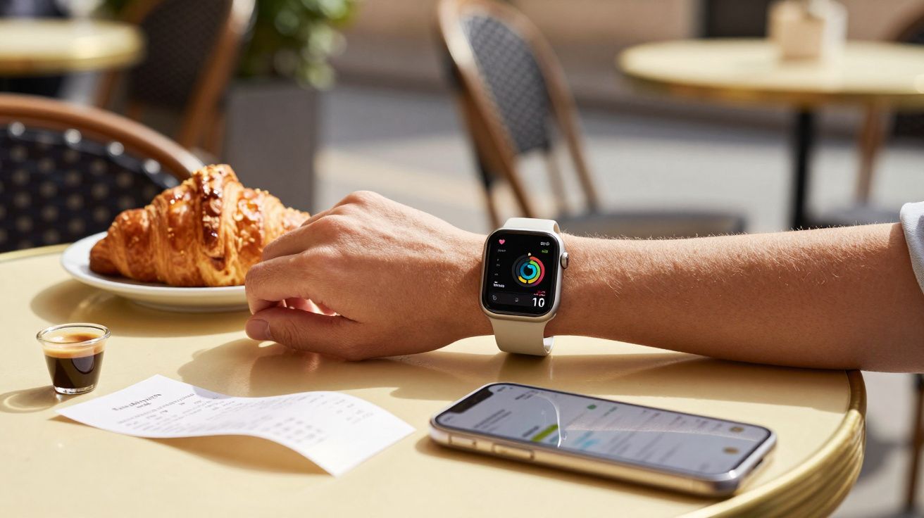 Pessoa com smartwatch a tomar café e croissant numa mesa com smartphone e recibo em café ao ar livre.