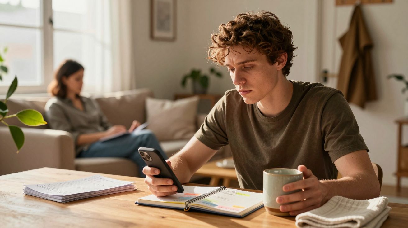 Jovem sentado à mesa, segurando um telemóvel e uma caneca, com livros e bloco de notas, mulher ao fundo desfocada.