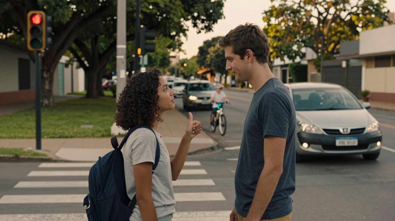 Mulher e homem conversam numa passadeira, enquanto uma bicicleta e um carro se aproximam numa rua arborizada.
