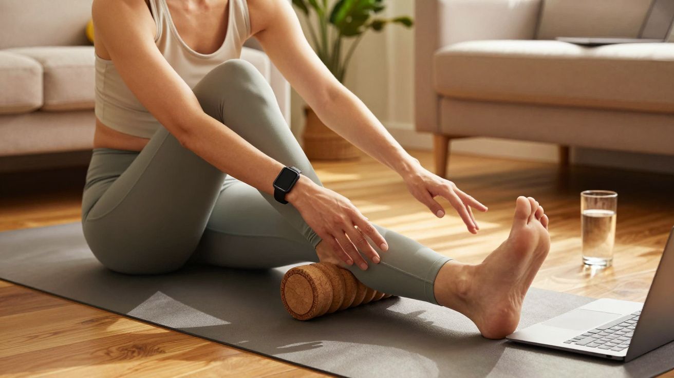 Mulher a usar um rolo de espuma na perna, sentada num tapete de ioga, perto de um portátil e um copo de água.