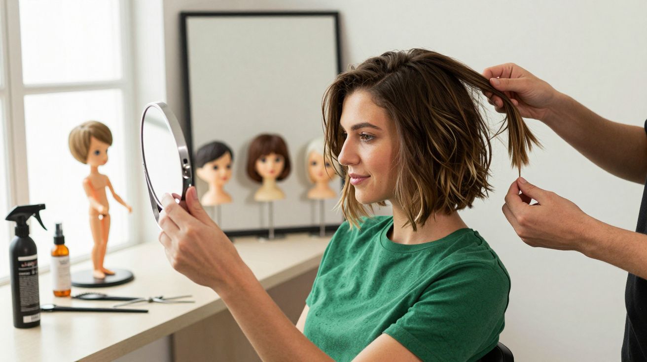 Mulher com corte de cabelo curto segura espelho, enquanto cabeleireiro ajusta seu cabelo. Modelos de penteados ao fundo.