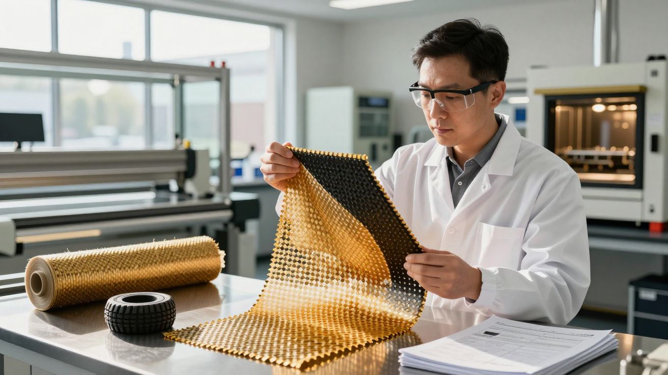 Cientista analisa material dourado inovador em laboratório, usando bata branca e óculos de proteção, com equipamento ao fundo