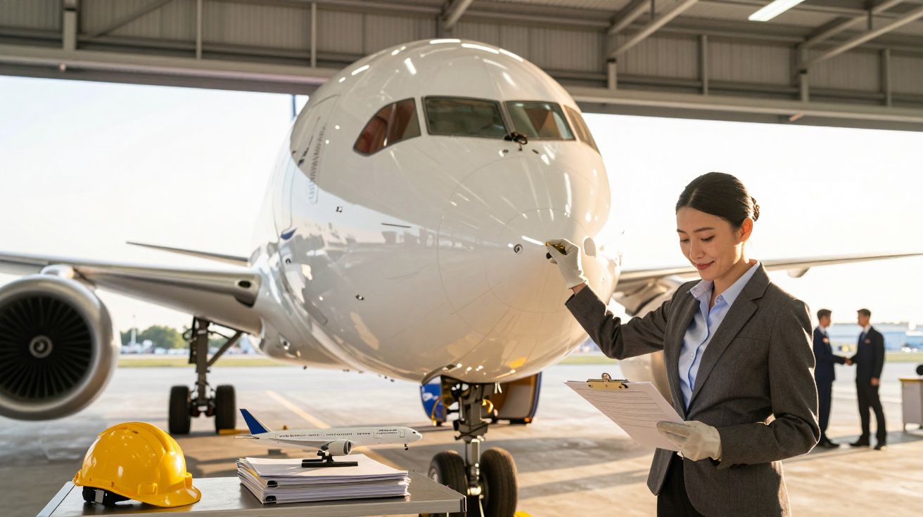 Mulher inspeciona avião em hangar, com capacete e miniatura sobre mesa ao lado.